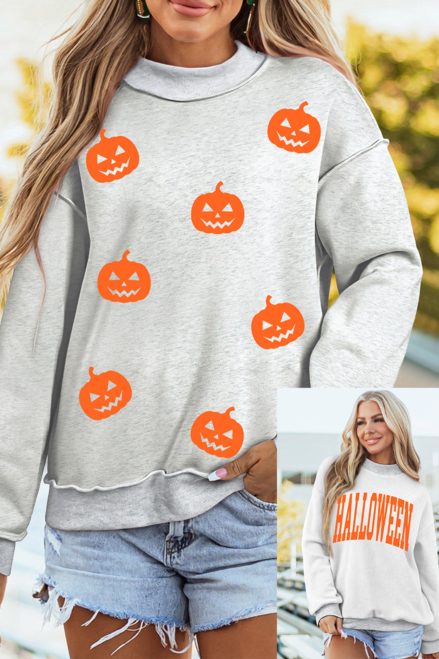 Light Grey Halloween Pumpkin Face Print Pullover Mock Neck Sweatshirt - Blu Pepper Boutique