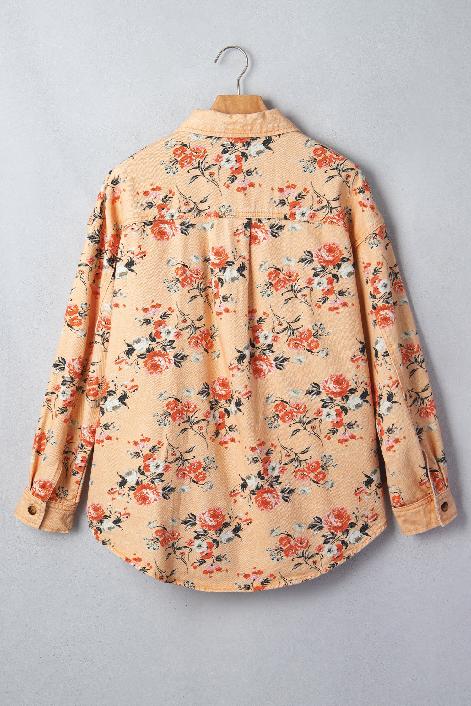 Khaki Floral Print Long Sleeve Denim Jacket Shift Silhouette Tunic Length Casual Daily Wear - Blu Pepper Boutique