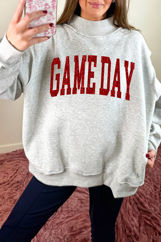 Light Grey Glitter Letter Game Day Mock Neck Casual Graphic Sweatshirt - Blu Pepper Boutique