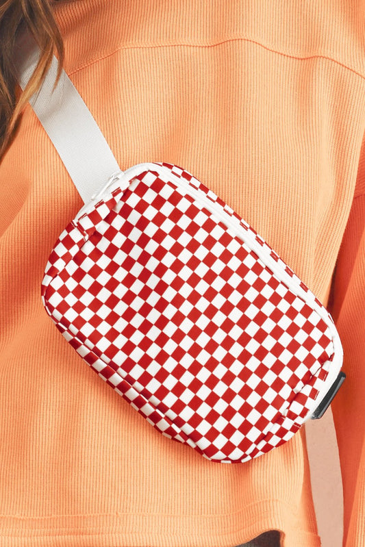 Fiery Red Checkered Print Zipped Buckle Strap Crossbody Bag - Blu Pepper Boutique