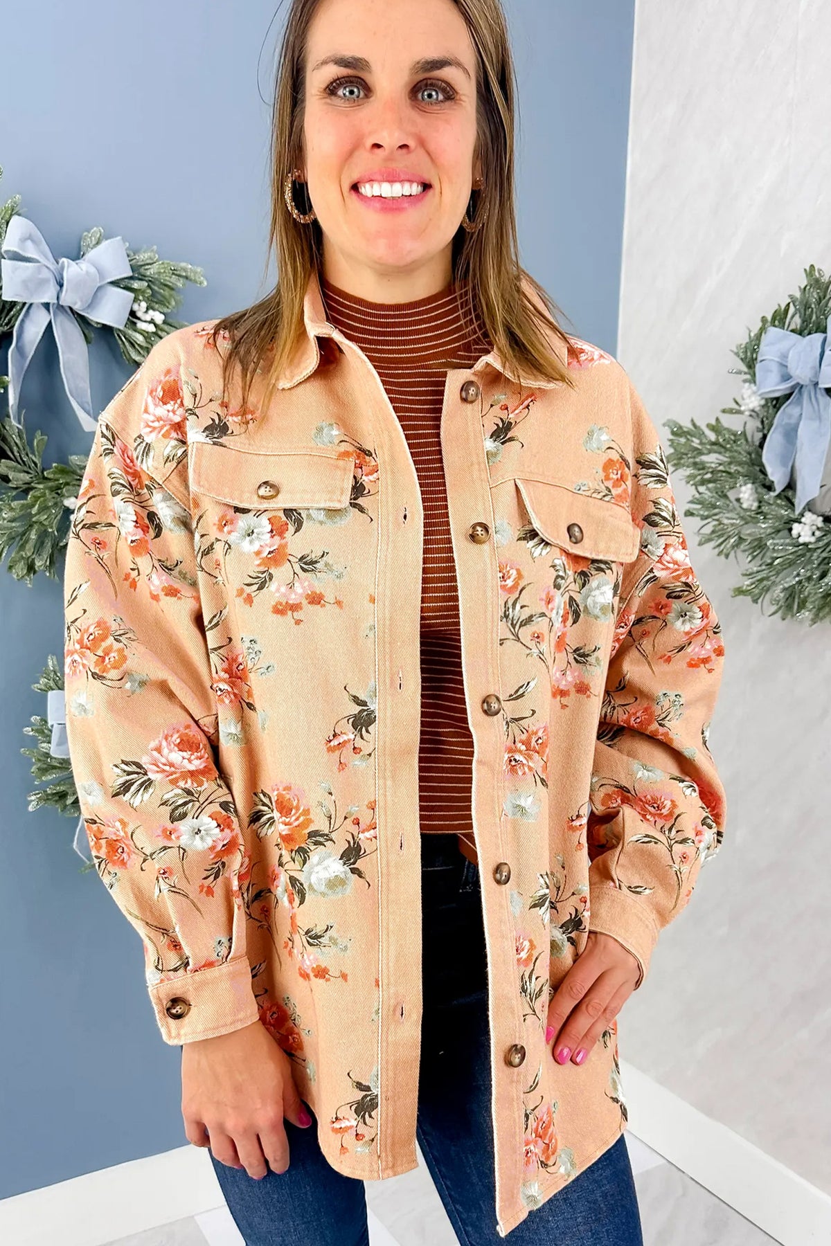Khaki Floral Print Long Sleeve Denim Jacket Shift Silhouette Tunic Length Casual Daily Wear - Blu Pepper Boutique