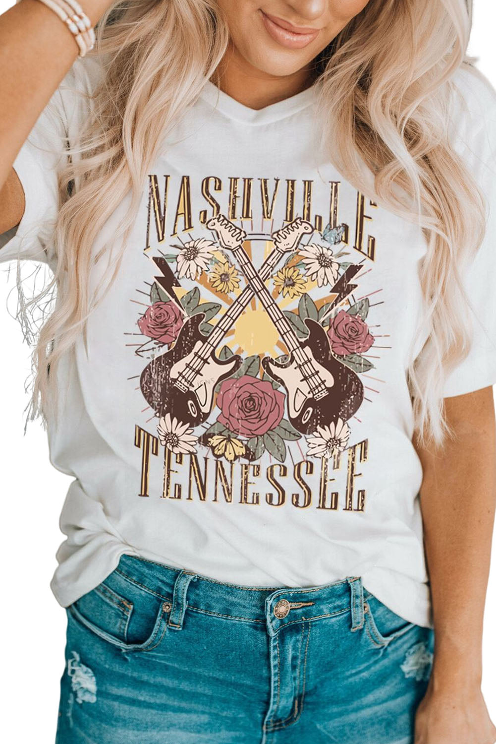 White Nashville Tennessee Guitar Rose Graphic Crewneck Tee