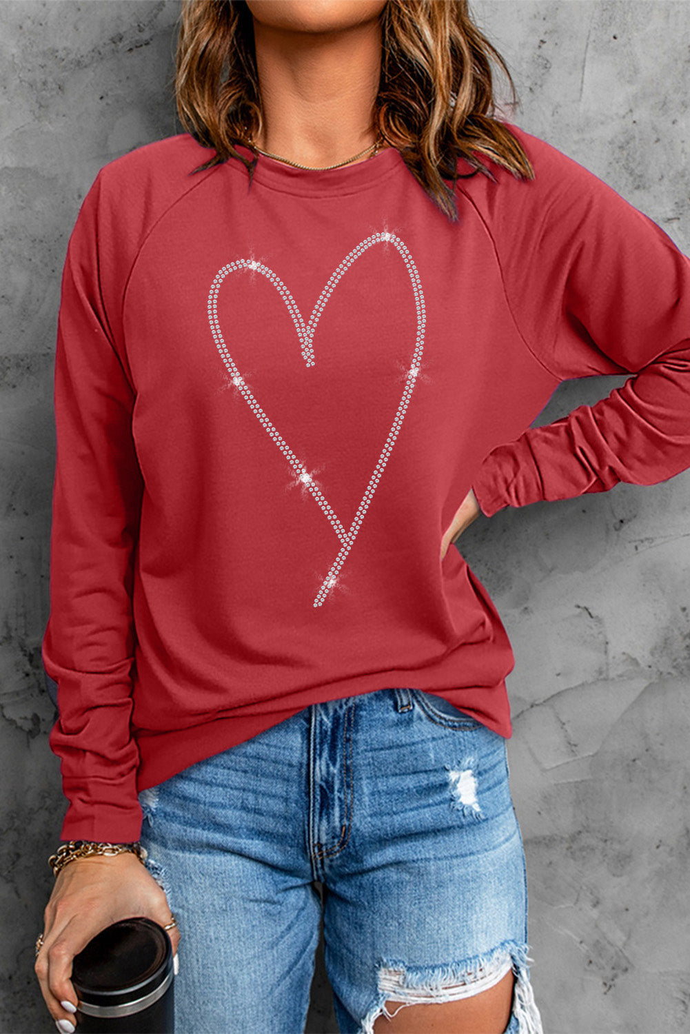 Red Rhinestone Heart Shaped Long Sleeve Sweatshirt