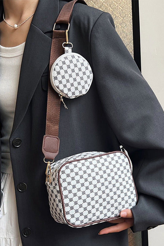 White PU Leather Geometric Pattern Adjustable Strap Shoulder Bag with Wallet - Blu Pepper Boutique