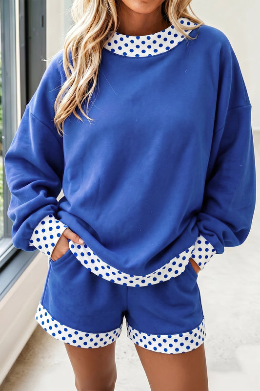 Dark Blue Polka Dot Trim Baggy Pullover 2pcs Short Set - Blu Pepper Boutique