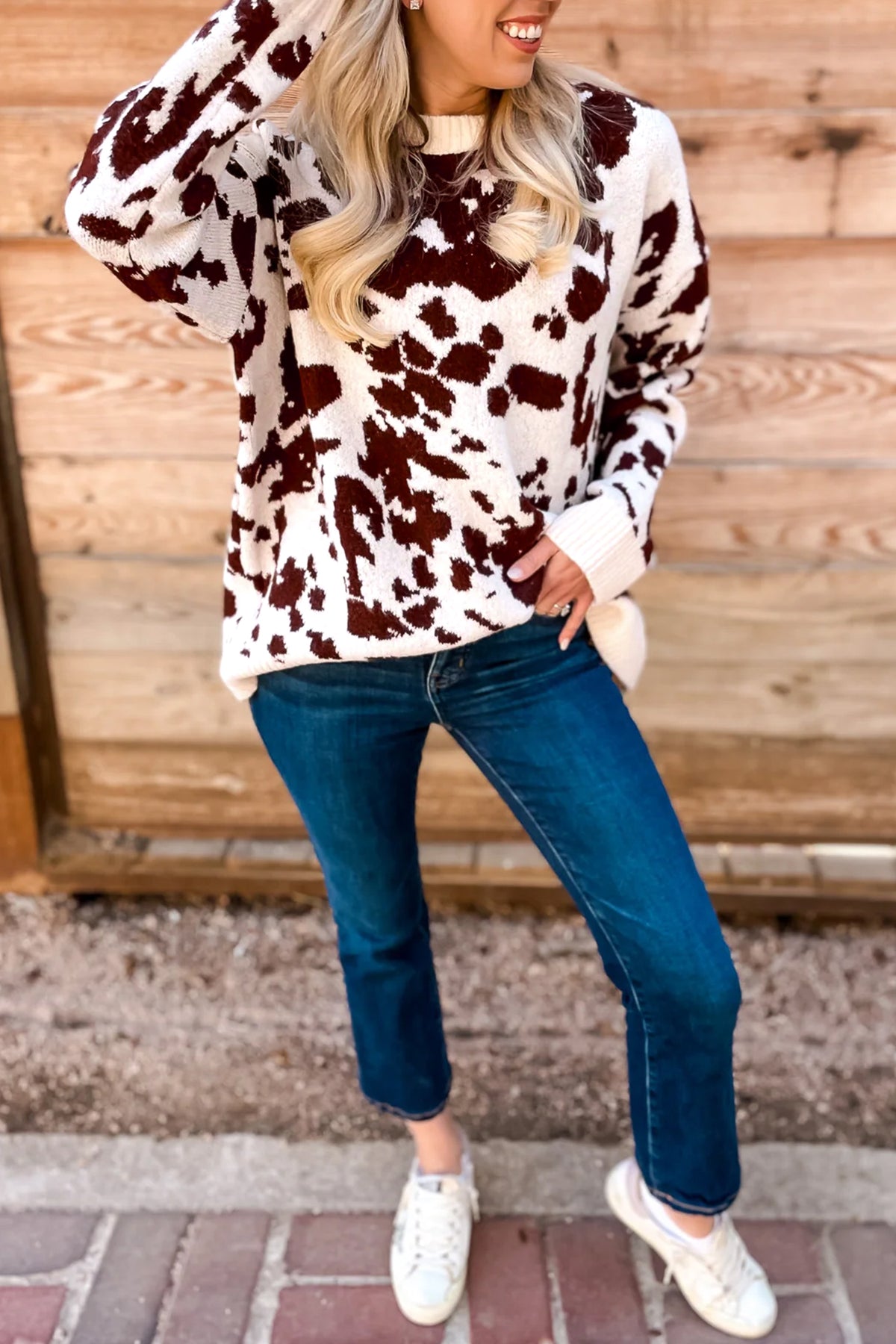 Brown Western Print Cow Pattern Long Sleeve Round Neck Pullover Knitwear Sweater - Blu Pepper Boutique