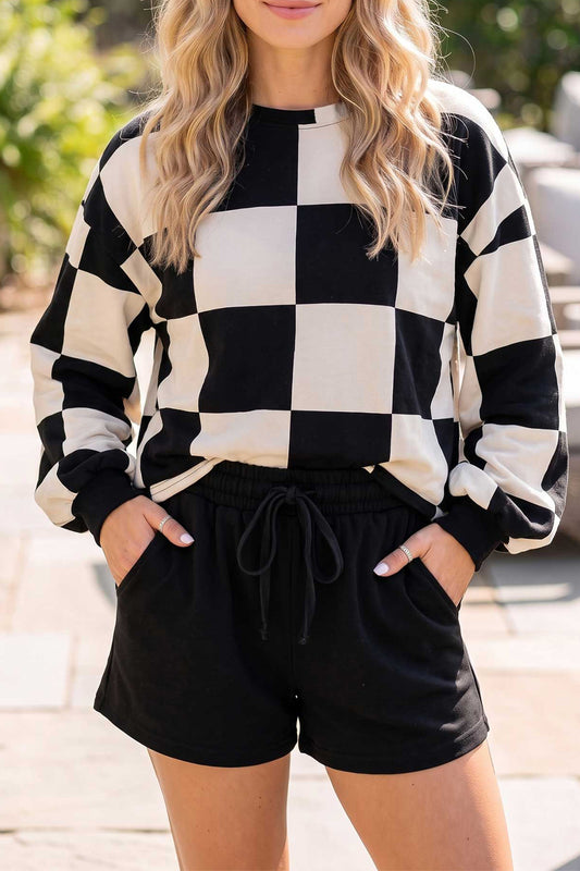 Black Checkerboard Plaid Long Sleeve Solid Color Shorts 2pcs Set - Blu Pepper Boutique