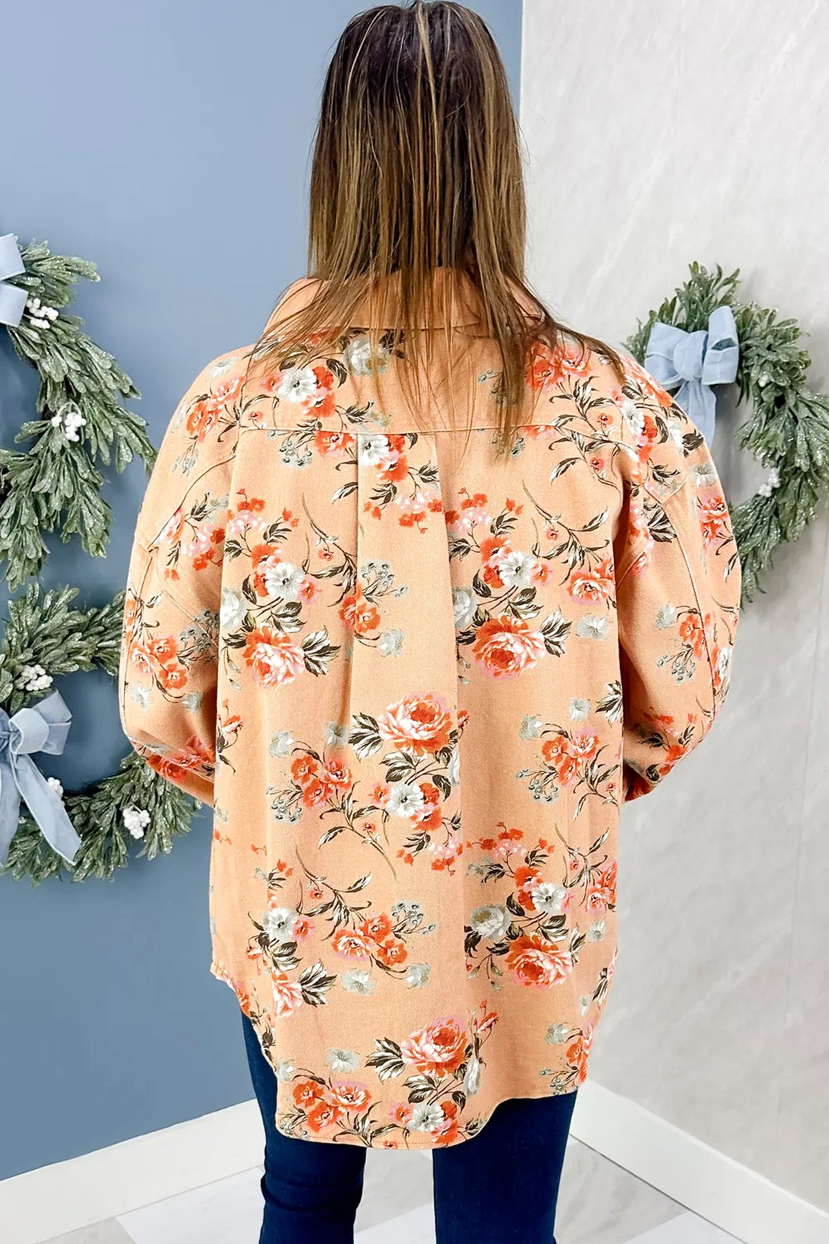Khaki Floral Print Long Sleeve Denim Jacket Shift Silhouette Tunic Length Casual Daily Wear - Blu Pepper Boutique