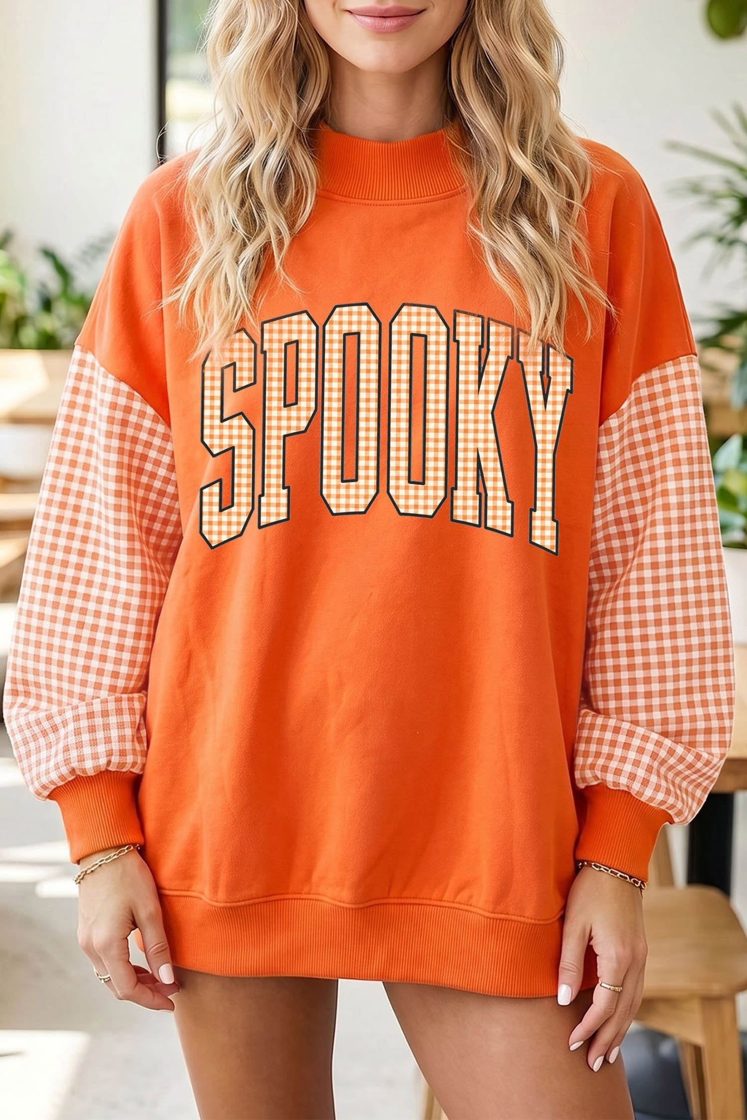 Russet Orange Plaid Contrast Sleeve SPOOKY Letter Graphic Pullover Sweatshirt - Blu Pepper Boutique
