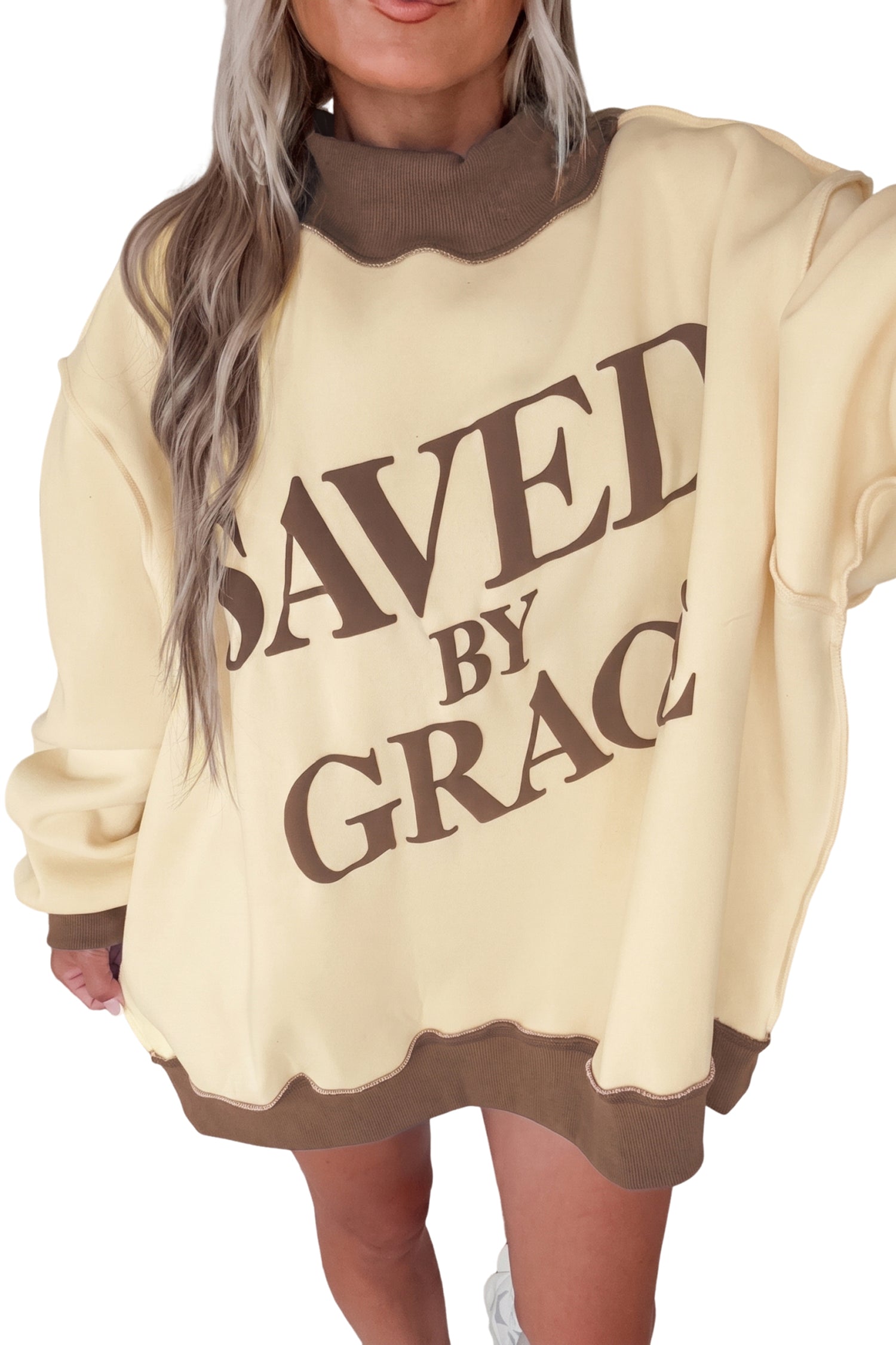 Coffee Saved By Grace Print Color Block Mock Neck Oversized Sweatshirt - Blu Pepper Boutique