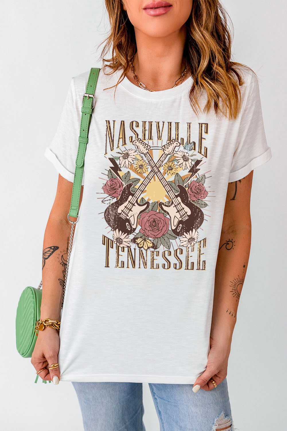 White Nashville Tennessee Guitar Rose Graphic Crewneck Tee