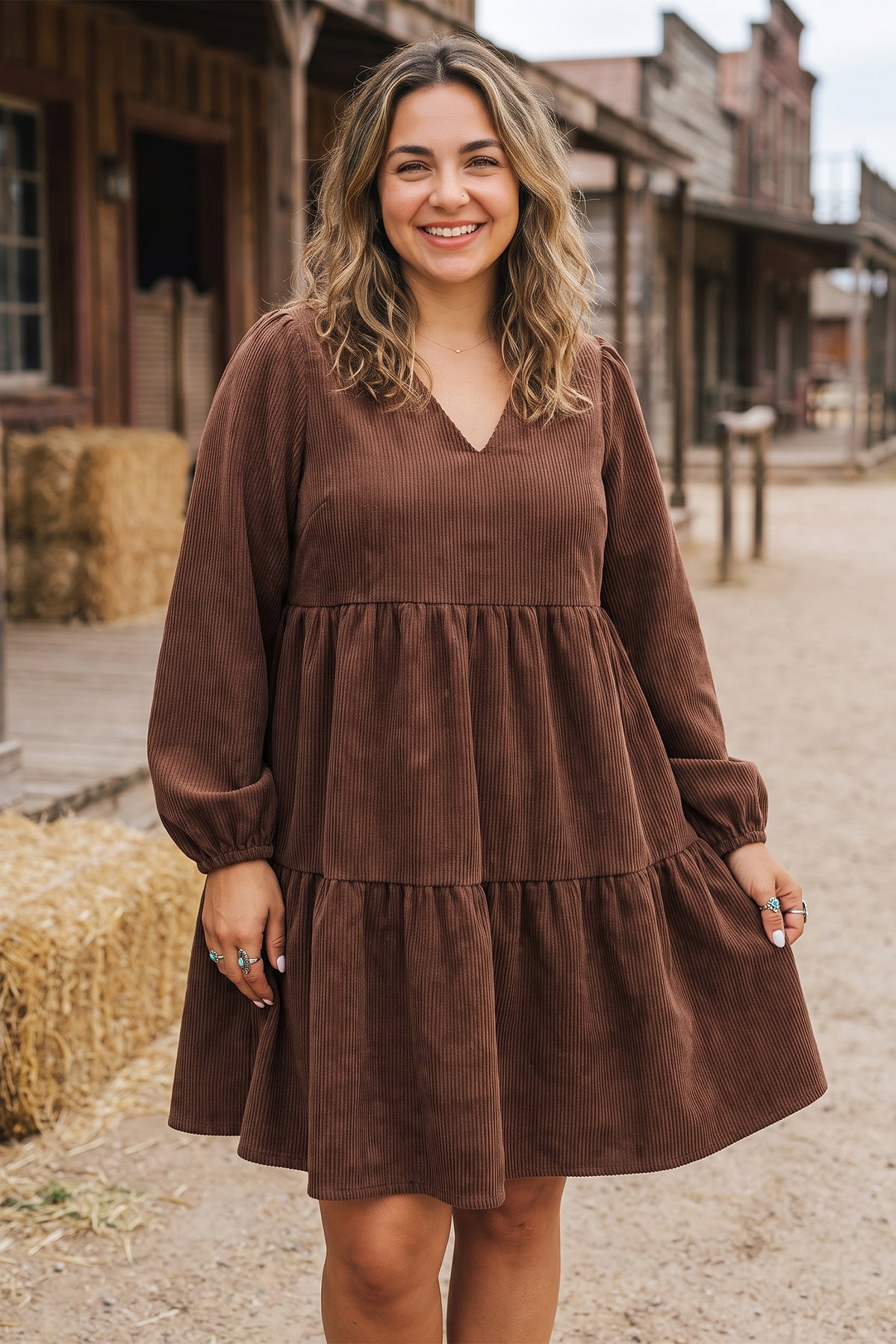 Coffee Winter Corduroy V Neck Long Sleeve Plus Size Mini Dress - Blu Pepper Boutique