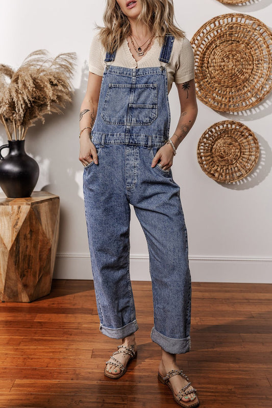 Sail Blue Denim Bib Straight Leg Jumpsuit with Pockets - Blu Pepper Boutique