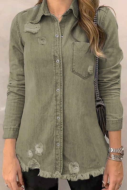 Khaki Raw Hem Distressed Denim Shirt Jacket - Blu Pepper Boutique