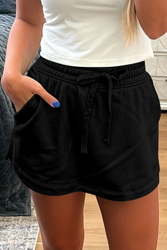 Black French Terry Drawstring Elastic Waistband Mini Skort with Pockets - Blu Pepper Boutique