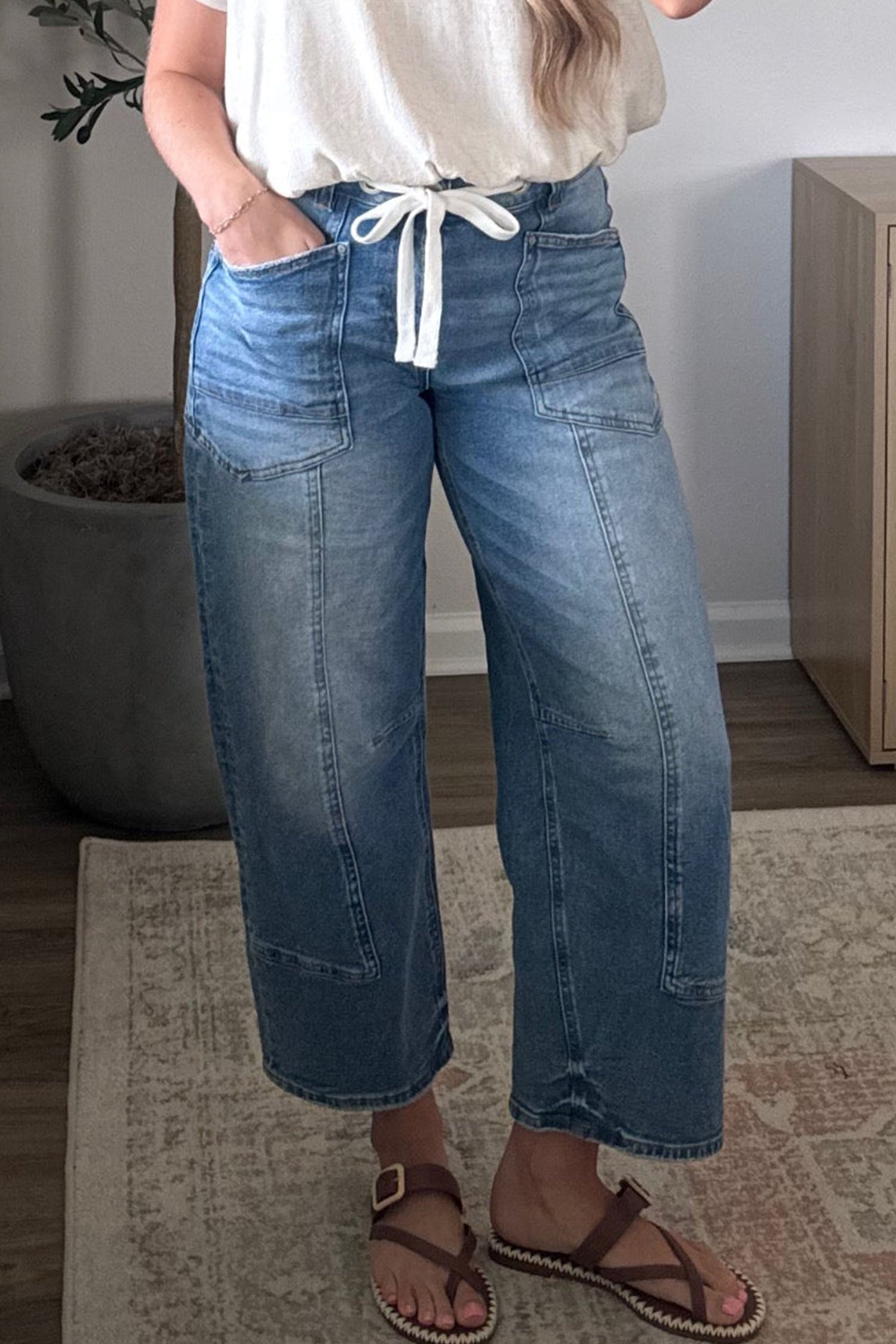 Beau Blue Solid Patchwork Grommet Tie Waist Loose Ankle-Length Jeans - Blu Pepper Boutique