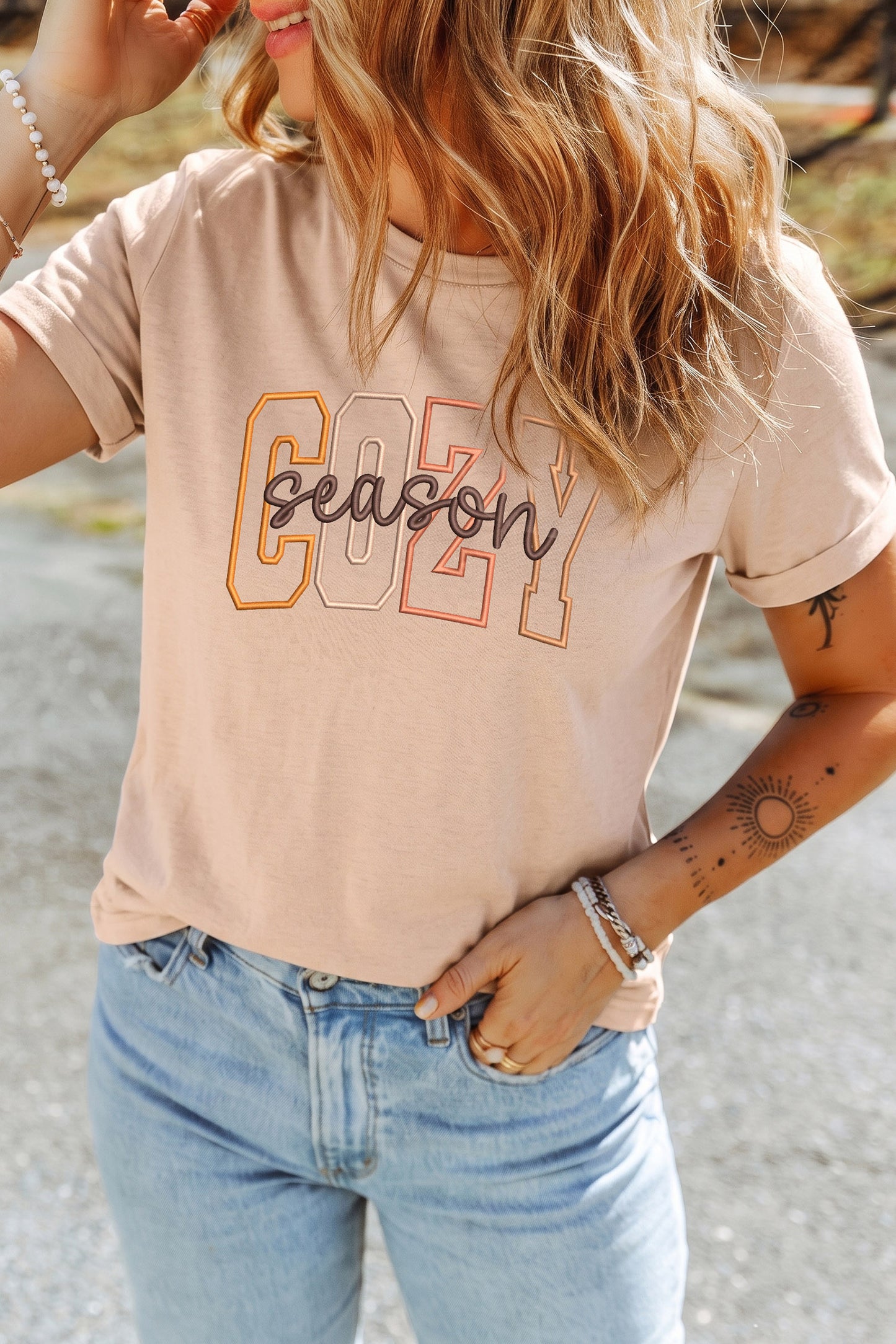 Khaki Embroidered Slogan Short Sleeve Graphic Tee - Blu Pepper Boutique