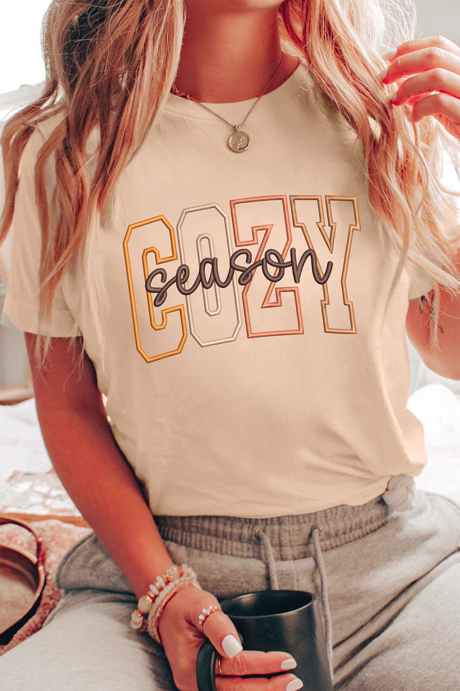 Khaki Embroidered Slogan Short Sleeve Graphic Tee - Blu Pepper Boutique