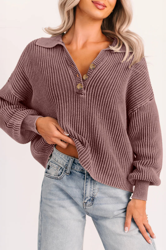 Dark Brown Mineral Washed Knit Button Polo Collar Loose Sweater - Blu Pepper Boutique