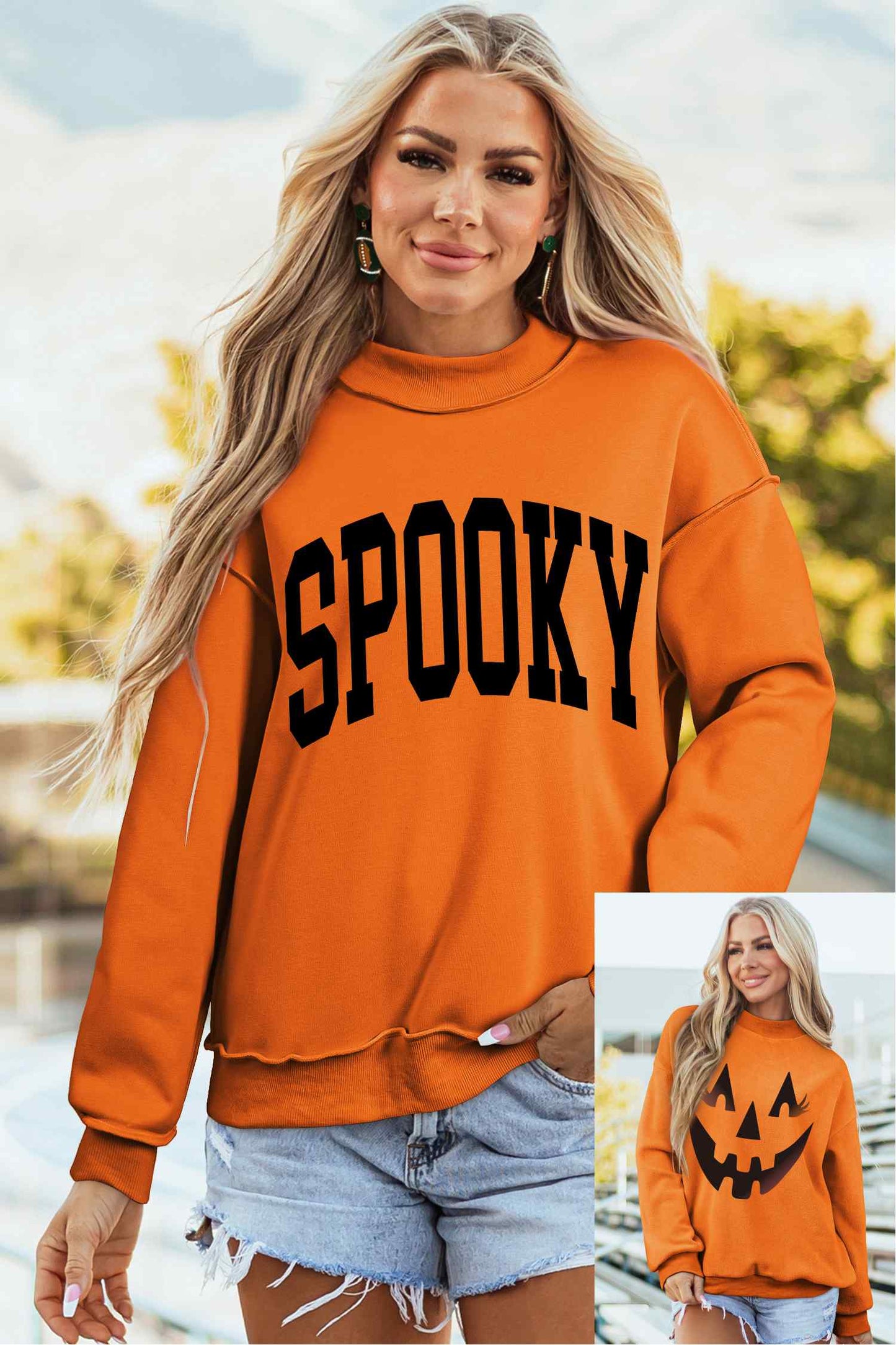 Carrot Oversize Halloween Print Mock Neck Reversible Sweatshirt - Blu Pepper Boutique