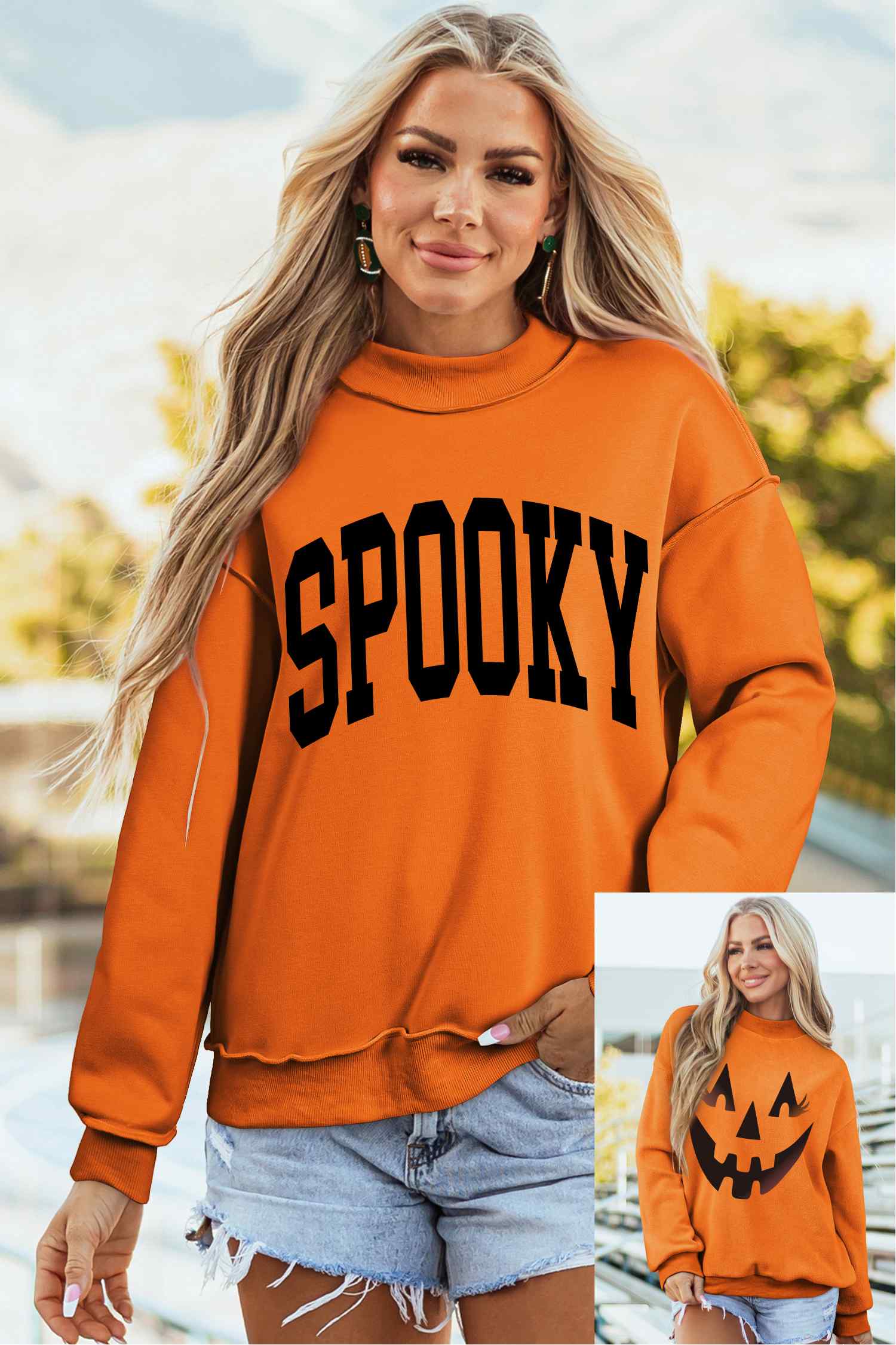 Carrot Oversize Halloween Print Mock Neck Reversible Sweatshirt - Blu Pepper Boutique