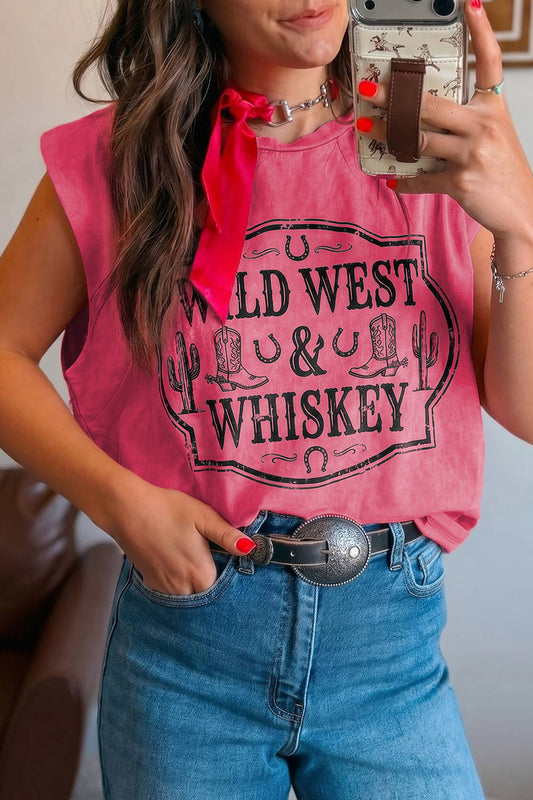Bonbon Toner Washed Wild West Whiskey Print Sleeveless Muscle Top - Blu Pepper Boutique