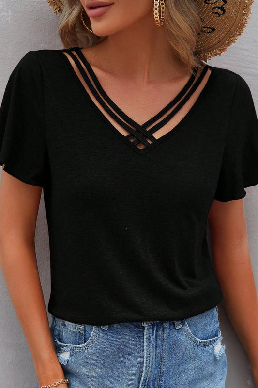 Black Crisscross V Neck Butterfly Sleeve T Shirt - Blu Pepper Boutique