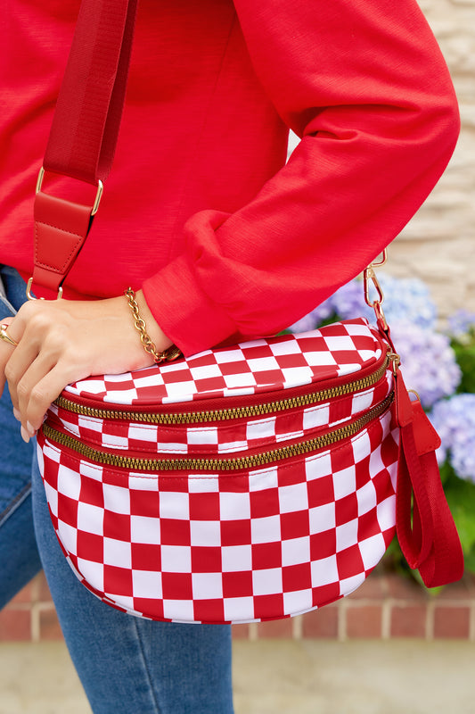 Fiery Red Checkered Print Wide Strap Large Crossbody Bag - Blu Pepper Boutique