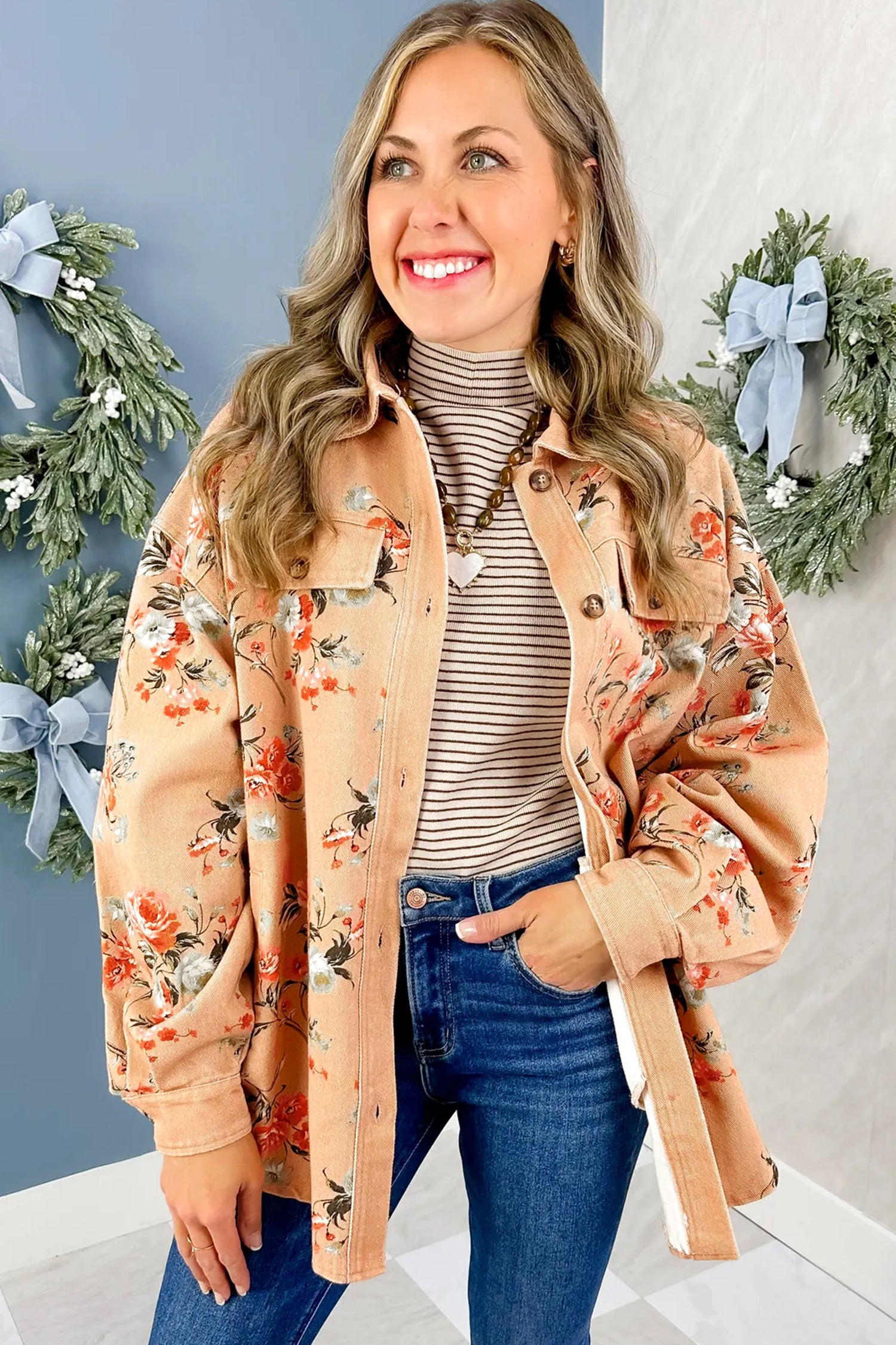 Khaki Floral Print Long Sleeve Denim Jacket Shift Silhouette Tunic Length Casual Daily Wear - Blu Pepper Boutique