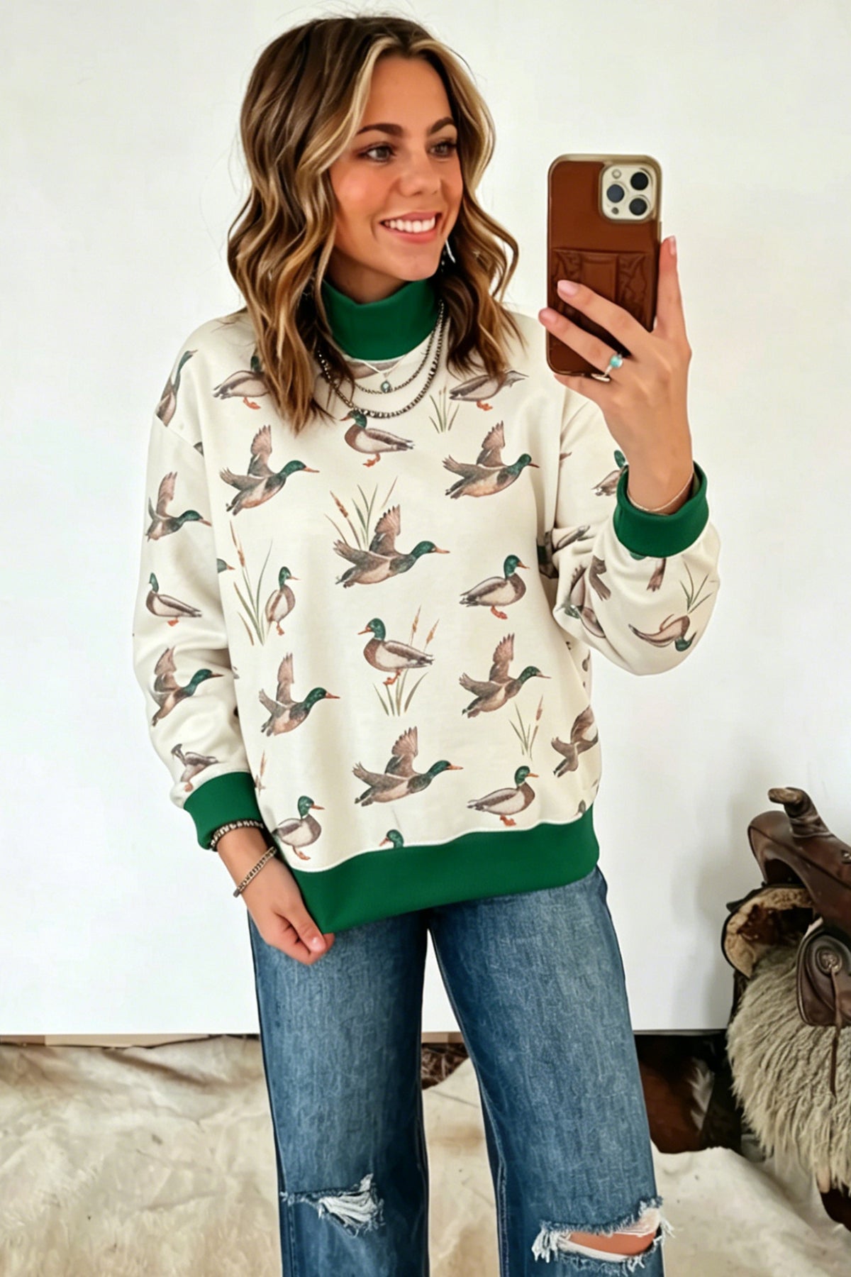 Multicolour Mallard Print Patchwork Colorblock High Neck Sweatshirt - Blu Pepper Boutique