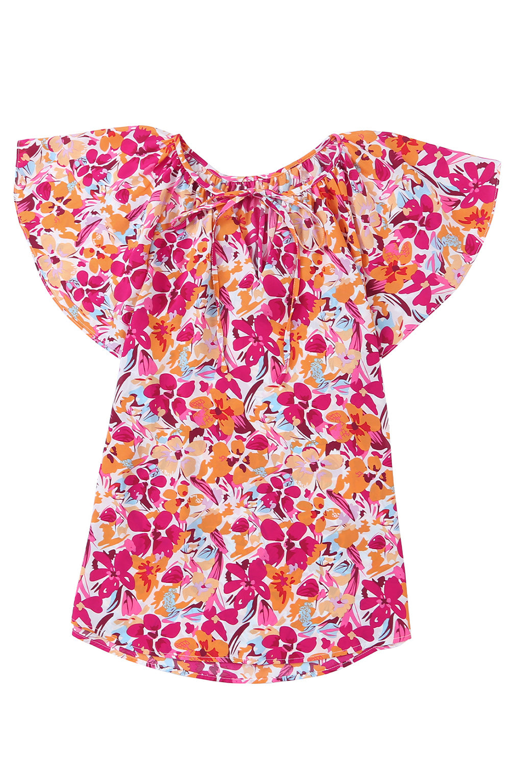 Red Flutter Sleeves Floral Print Top