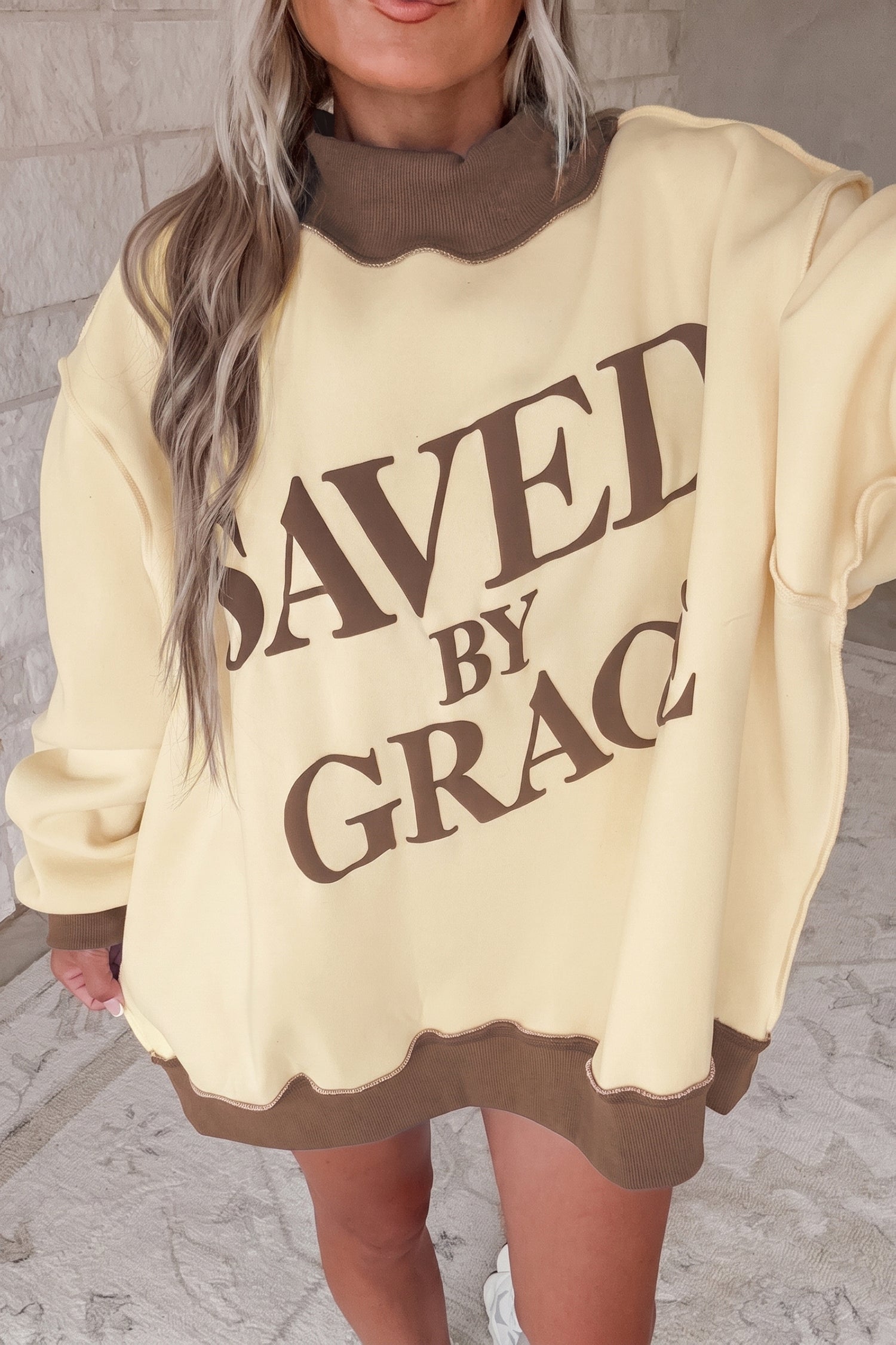 Coffee Saved By Grace Print Color Block Mock Neck Oversized Sweatshirt - Blu Pepper Boutique