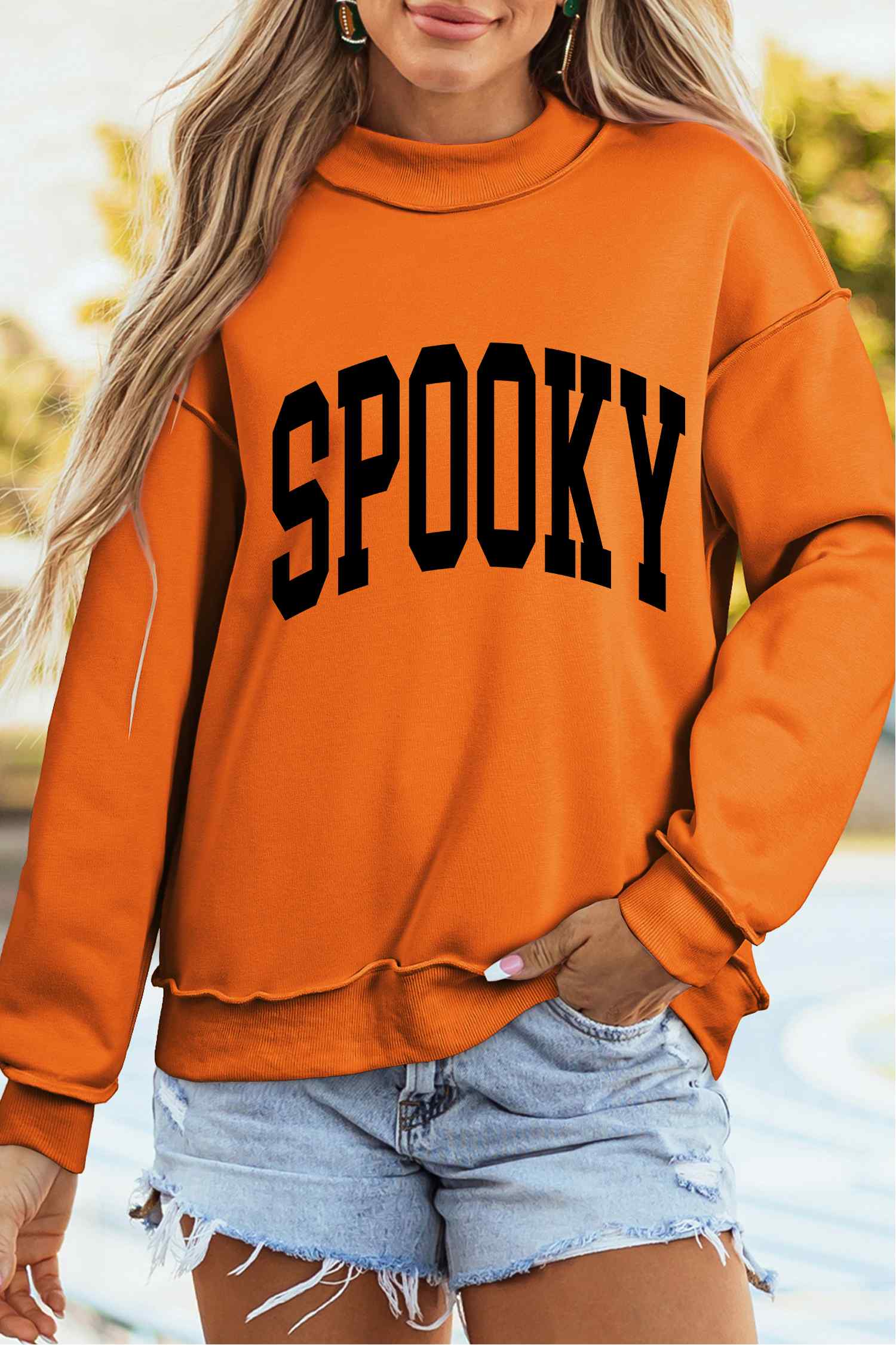 Carrot Oversize Halloween Print Mock Neck Reversible Sweatshirt - Blu Pepper Boutique