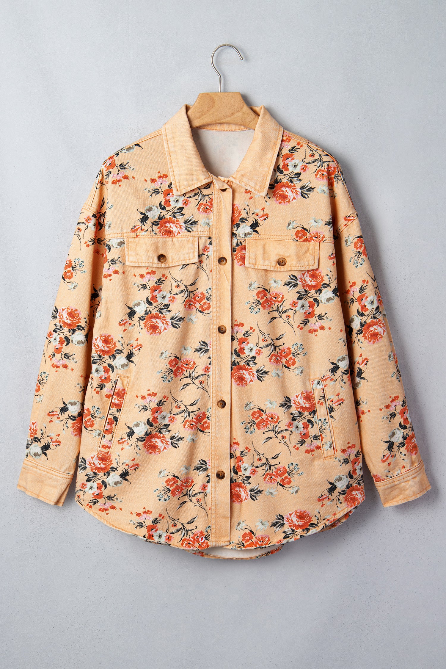 Khaki Floral Print Long Sleeve Denim Jacket Shift Silhouette Tunic Length Casual Daily Wear - Blu Pepper Boutique