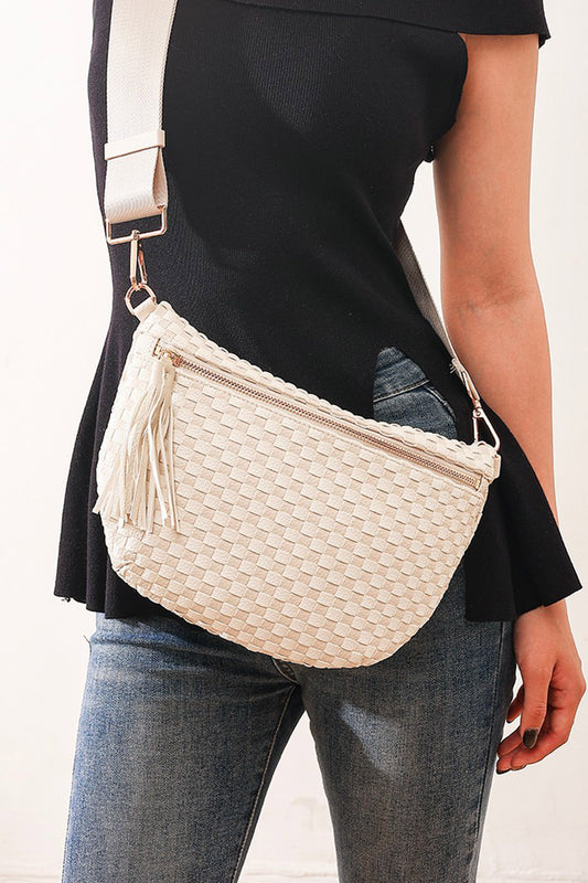 White Checkered Woven PU Leather Crossbody Bag Adjustable Strap Large Size - Blu Pepper Boutique