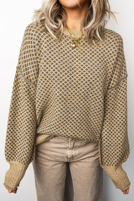 Khaki Geometric Print Drop Shoulder Round Neck Long Sleeve Sweater - Blu Pepper Boutique