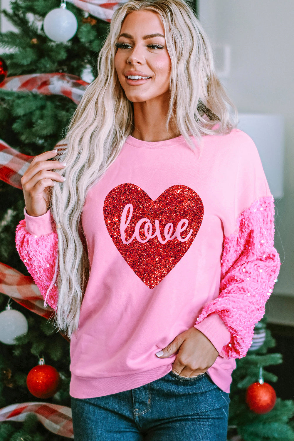 Pink Shiny Heart Shape love Print Sequined Sleeve Top