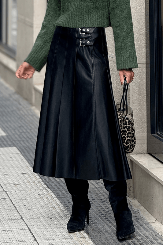 Black Faux Leather Retro Buckle Detail Pleated Stitch Flared Midi Skirt - Blu Pepper Boutique