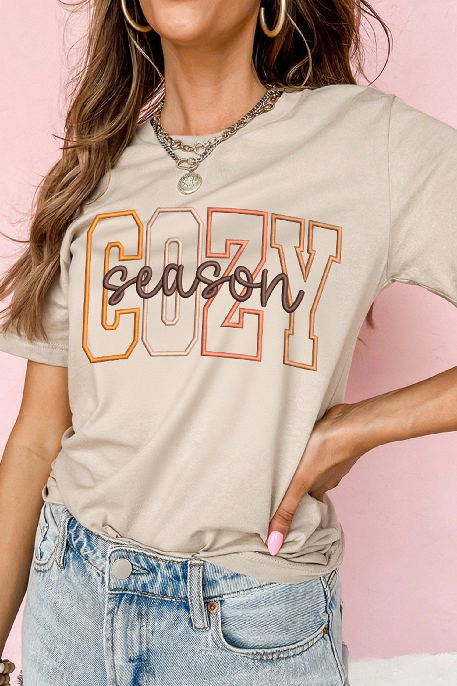 Khaki Embroidered Slogan Short Sleeve Graphic Tee - Blu Pepper Boutique