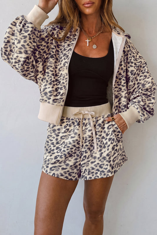 Multicolour Leopard Zip-Up Hooded Drawstring Pant Set - Blu Pepper Boutique