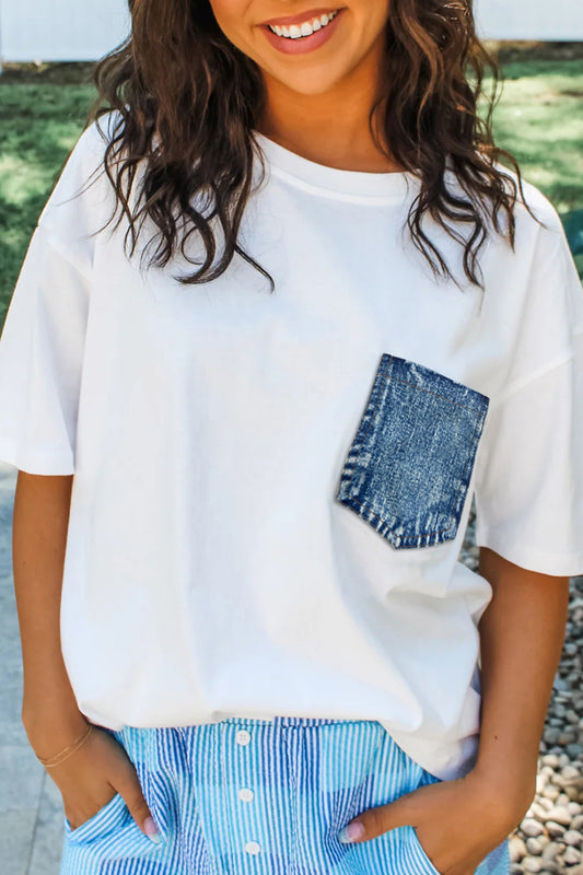 White Color Block Chest Pocket Patched Casual Short Sleeve Top - Blu Pepper Boutique
