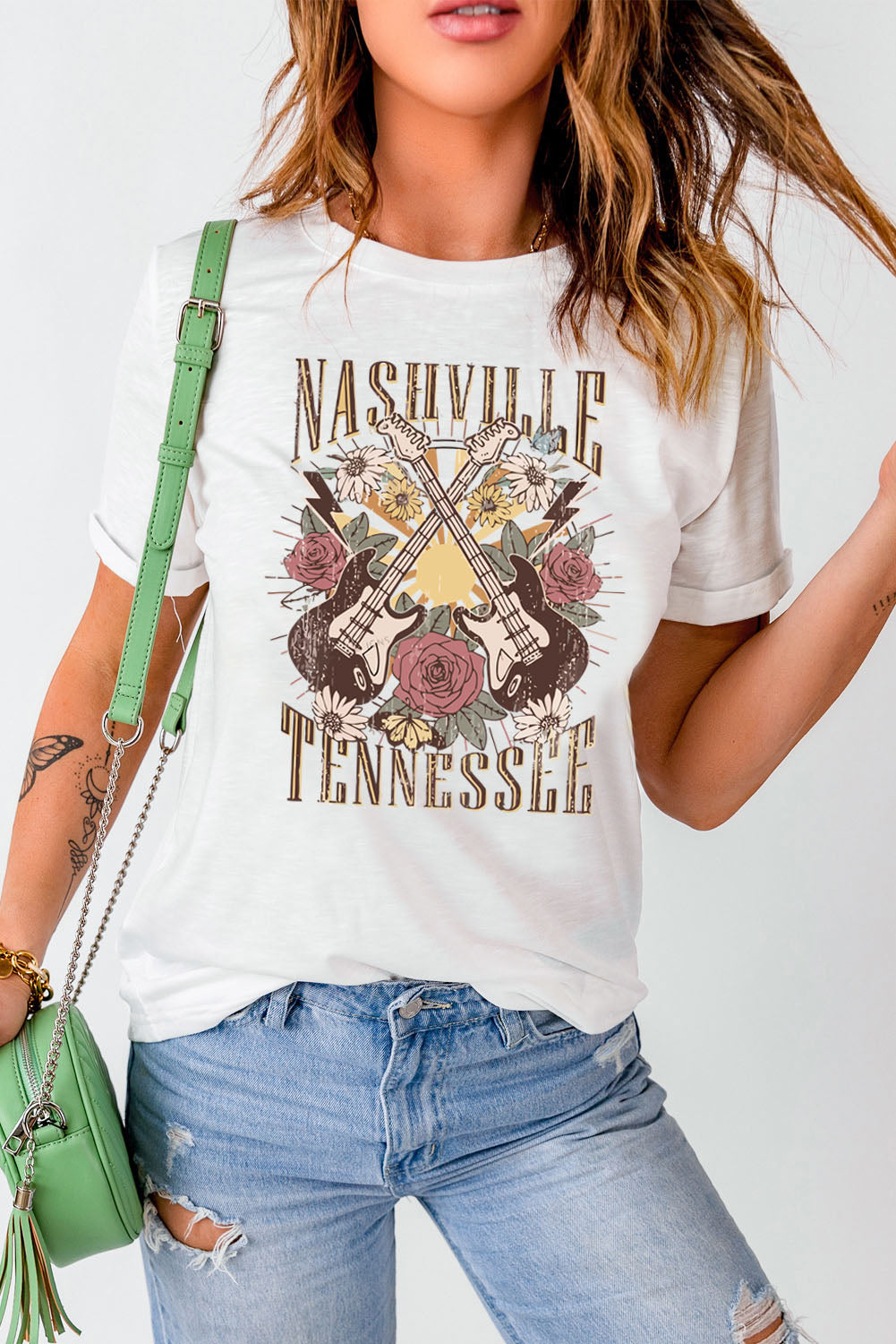 White Nashville Tennessee Guitar Rose Graphic Crewneck Tee