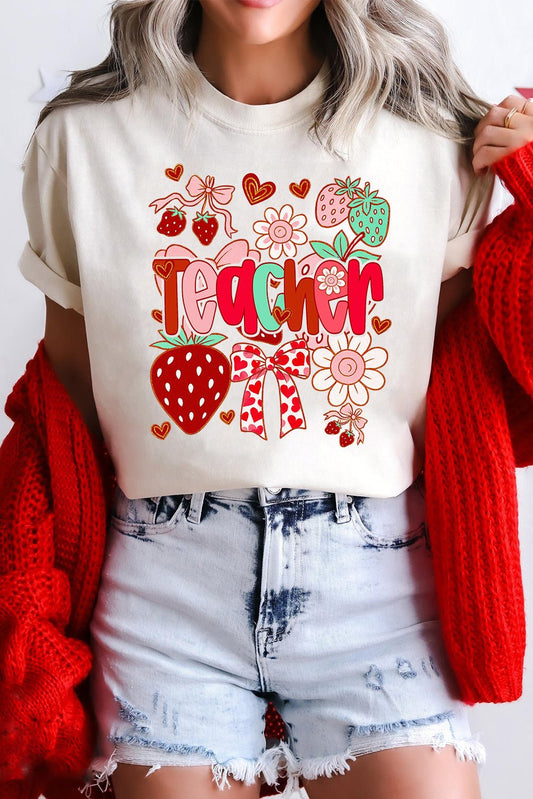 White Cute Strawberry Floral Teacher Graphic Custom Tee - Blu Pepper Boutique