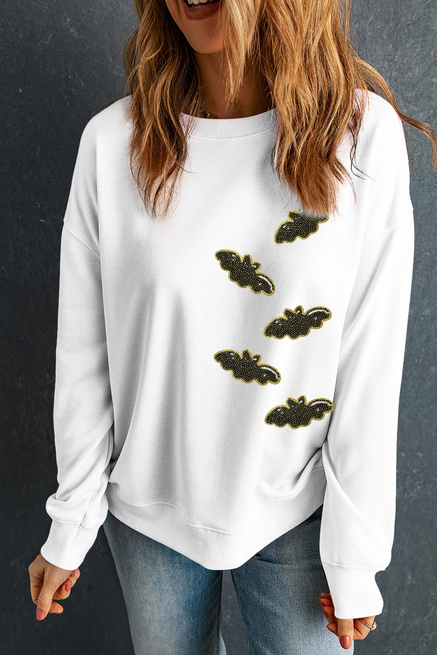 White Sequin Bat Pullover Drop Shoulder Halloween Sweatshirt - Blu Pepper Boutique