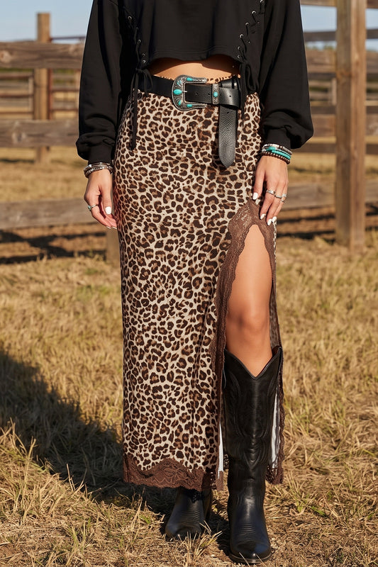 Khaki Cheetah Print Trim Split Long Western Skirt - Blu Pepper Boutique
