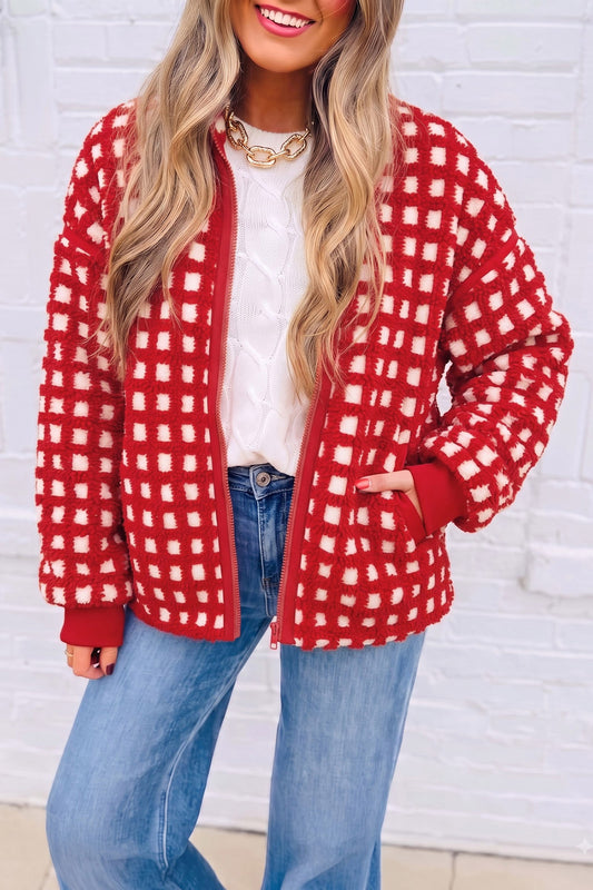Fiery Red Plaid Zip-up Long Sleeve Jacket - Blu Pepper Boutique
