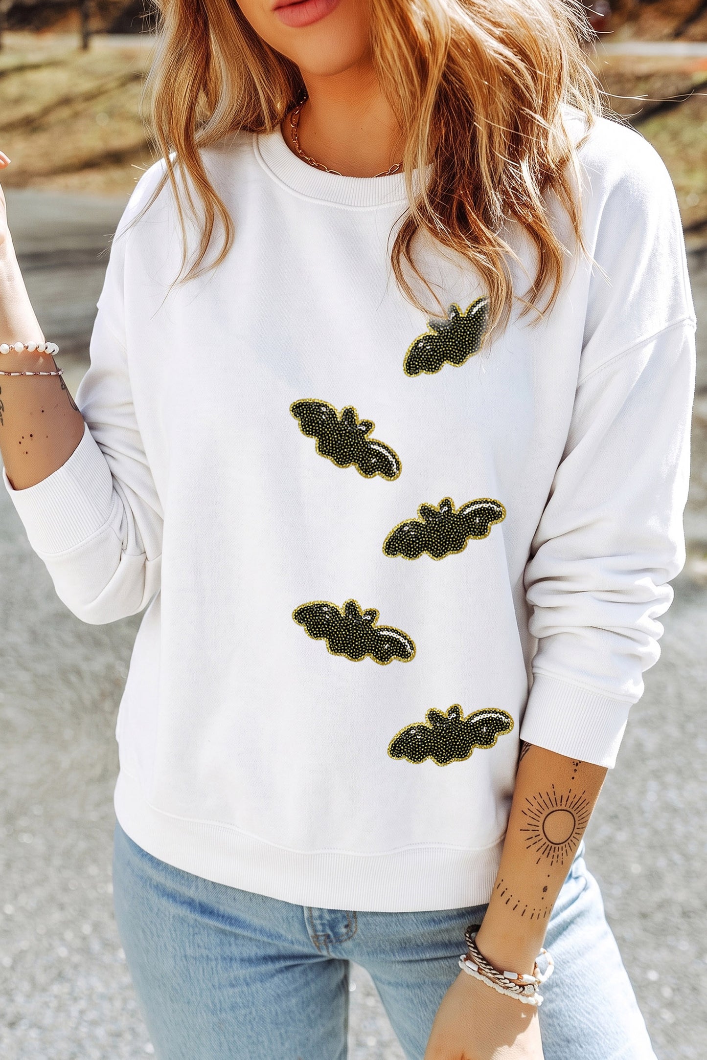 White Sequin Bat Pullover Drop Shoulder Halloween Sweatshirt - Blu Pepper Boutique