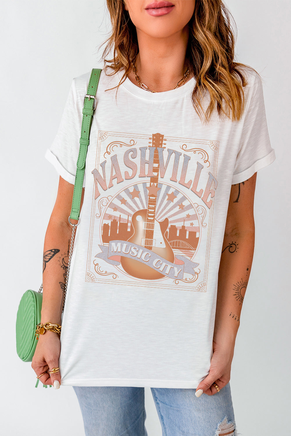 White MUSIC CITY NASHVILLE Graphic T Shirt