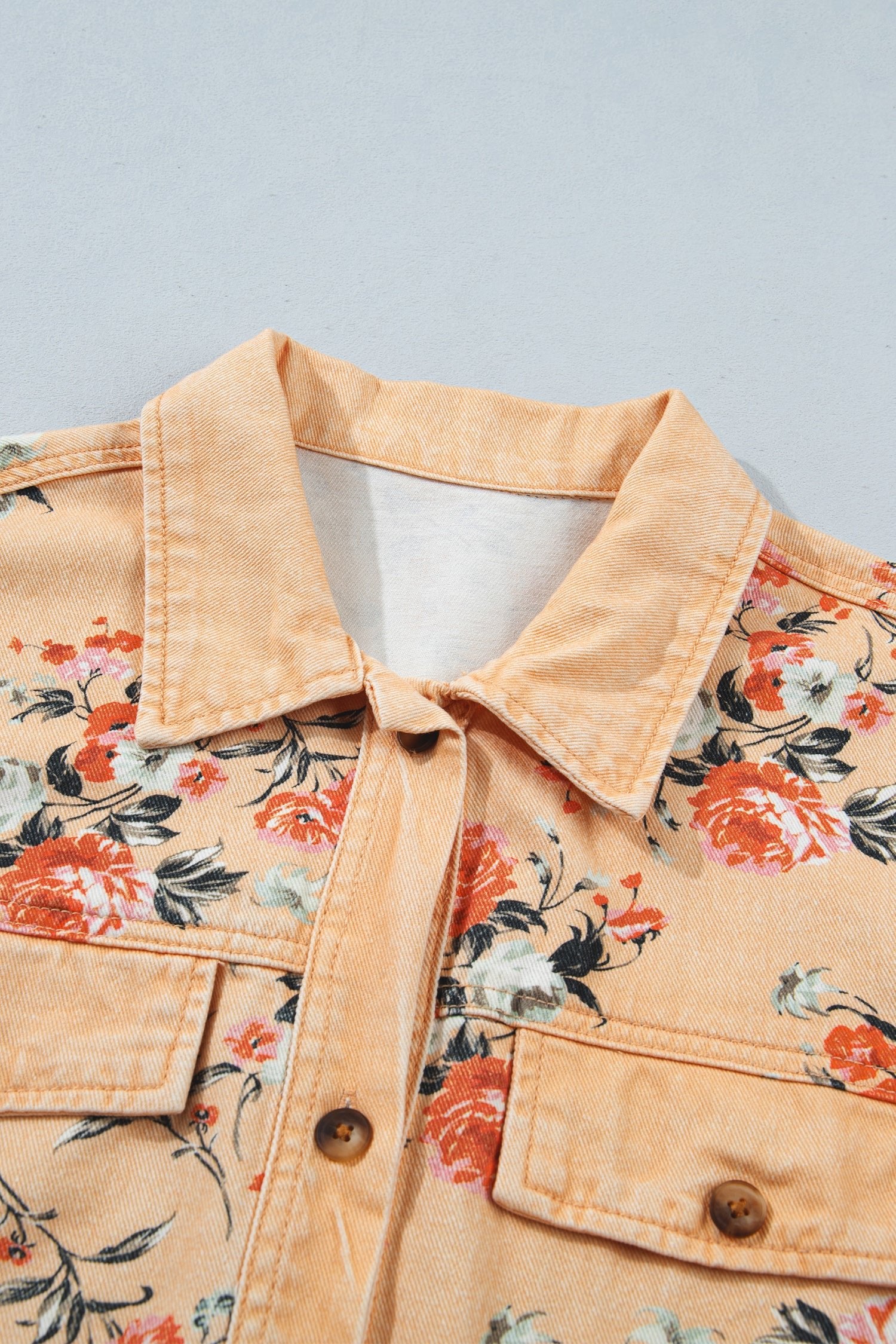 Khaki Floral Print Long Sleeve Denim Jacket Shift Silhouette Tunic Length Casual Daily Wear - Blu Pepper Boutique