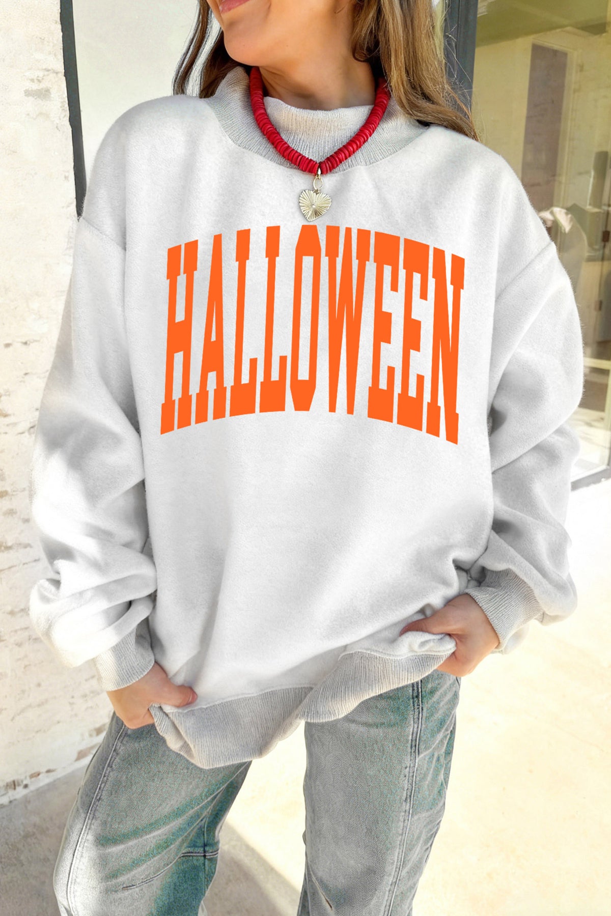 Light Grey Halloween Pumpkin Face Print Pullover Mock Neck Sweatshirt - Blu Pepper Boutique